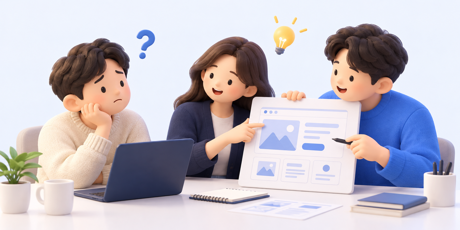 홈페이지 제작을 고민하는 고객에게 기획자와 개발자가 함께 해결 방법을 설명하는 귀여운 인물 일러스트